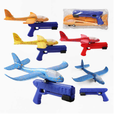 Пістолет із запускачем C 70878 (120) 3 кольори, літак, на колесах, пістолет, пусковий механізм, механічний принцип роботи, підсвічування літака, в пакеті ВИДАЄТЬСЯ ТІЛЬКИ МІКС ВИДІВ