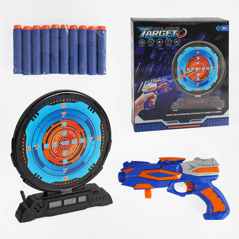 Пістолет з мішенню 3695 (8) підсвічування, озвучування англійською, 3 режими, 10 м“яких патронів, механічний пістолет, в коробці