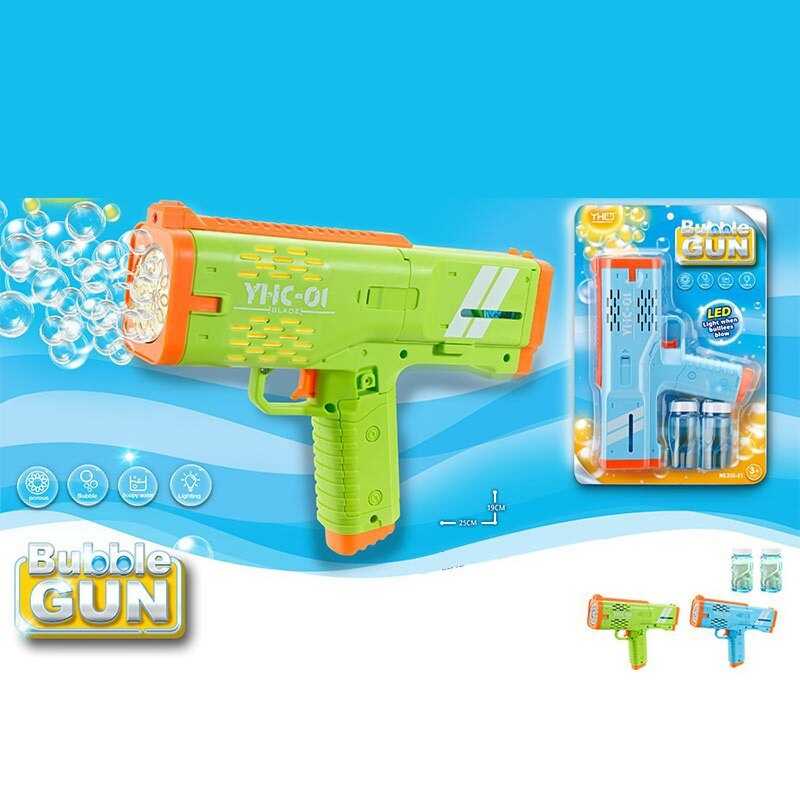 Пістолет з мильними бульбашками 333-21 (60/2) 2 кольори, автоматичний принцип, 2 пляшки мильного розчину, на батарейках, підсвічування, на листі