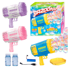 Пістолет з мильними бульбашками 57737 (24) “WToys“, 3 кольори, 69 отворів, кольорове підсвічування, автоматичний принцип, 2 пляшечки з мильним розчином, акумулятор 3.7V, в коробці