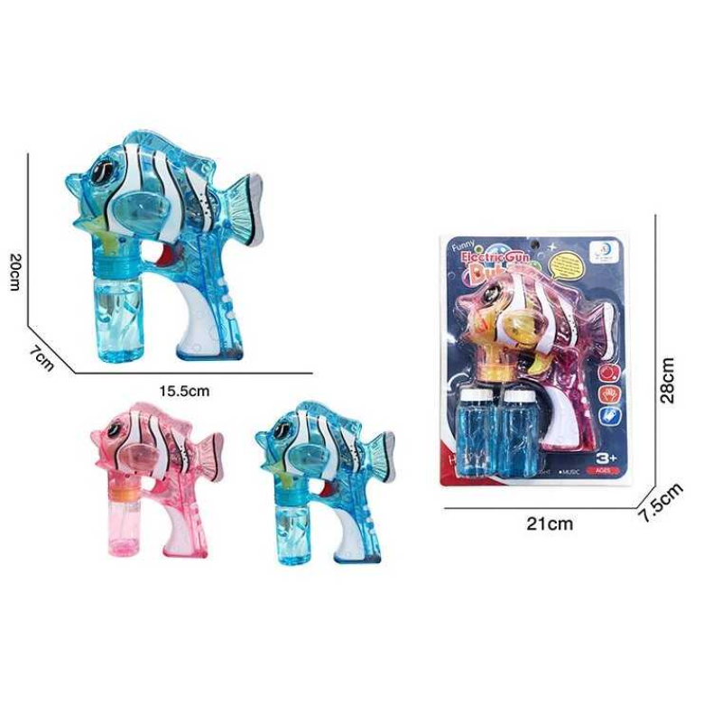 Пістолет з мильними бульбашками 6214 A (60/2) 2 кольори, “Рибка”, на батарейках, автоматичний принцип роботи, 2 пляшки мильного розчину, музика, підсвічування, на листі