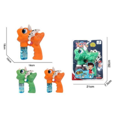 Пістолет з мильними бульбашками 6267 (60/2) 2 кольори, “Динозавр”, на батарейках, музика, підсвічування, 2 пляшки мильного розчину, автоматичний принцип, на листі