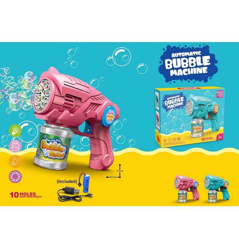 Пістолет з мильними бульбашками 8899-28 E (72/2) 2 кольори, підсвічування, 10 отворів, автоматичний принцип, пляшечка з мильним розчином, акумулятор 3.7V, в коробці