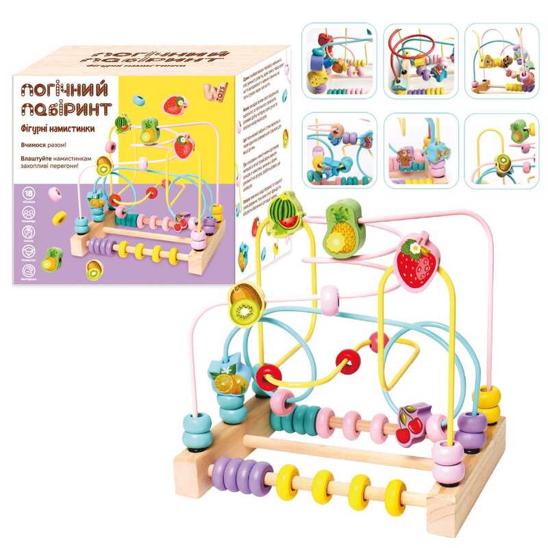 Пальчиковий лабіринт 14026 (18) “WToys“, 2 види, дерев“яний, 2 рахівниці, кольорові намистинки, “фруктові“ фігурки, в коробці