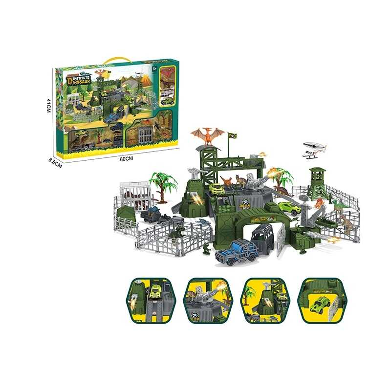 Парковка SY 9938 (12) військова база, солдатики, спецтранспорт, гумові динозаври, клітки, наліпки, в коробці