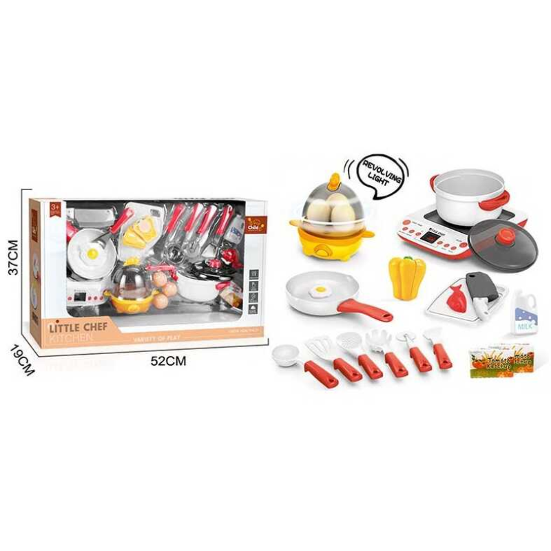 Плитка з посудкою BC 9014 (10) плита, звук, підсвічування, від батарейок, яйцеварка, мелодії, продукти, лопатки, каструля, дощечка, пательня, в коробці