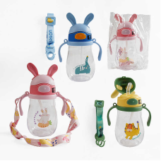 Пляшка для води C 59512 (90) 3 кольори, 350 мл, пластикова, трубочка, ремінець, в пакеті, ВИДАЄТЬСЯ ТІЛЬКИ МІКС ВИДІВ