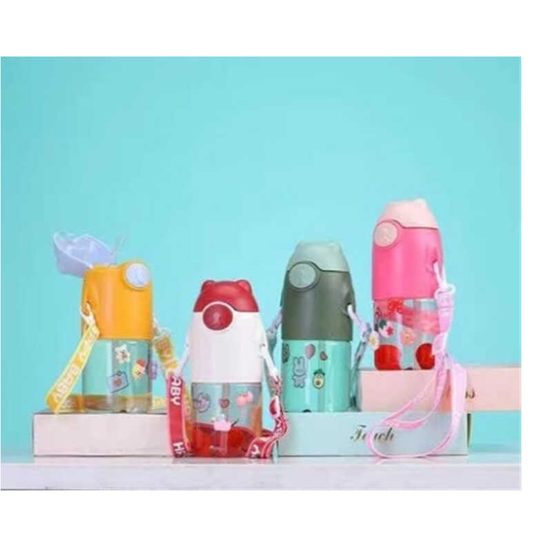 Пляшка для води C 59540 (70) 4 кольори, пластикова, наліпки, трубочка, ремінець, пластикова застібка, в пакеті, ВИДАЄТЬСЯ ТІЛЬКИ МІКС ВИДІВ