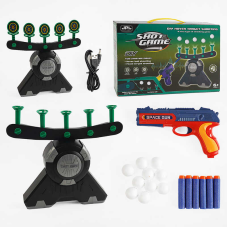 Повітряний тир 19891 В (24) м“які патрони, левітуючі кульки, 5 мішеней, регуляція потужності повітря, механічний пістолет, в коробці