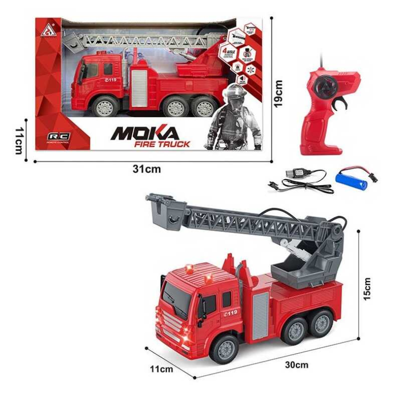 Пожежна машина на радіокеруванні 2075 (36) підсвічування, звуки, гумові шини, акум. 3.7V, пульт 40 MHZ, масштаб 1:16, рухомі елементи, USB-кабель, в коробці
