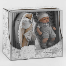 Пупс 219-1 (18/2) висота 25 см, комбінезон, шапочка, шкарпетки, рушник, матрацик з подушечкою, в коробці