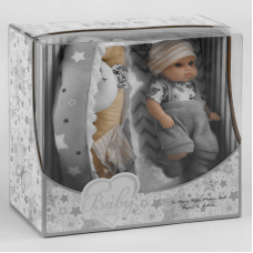 Пупс 220-1 (36/2) висота 20 см, комбінезон, шапочка, шкарпетки, рушник, матрацик з подушечкою, в коробці