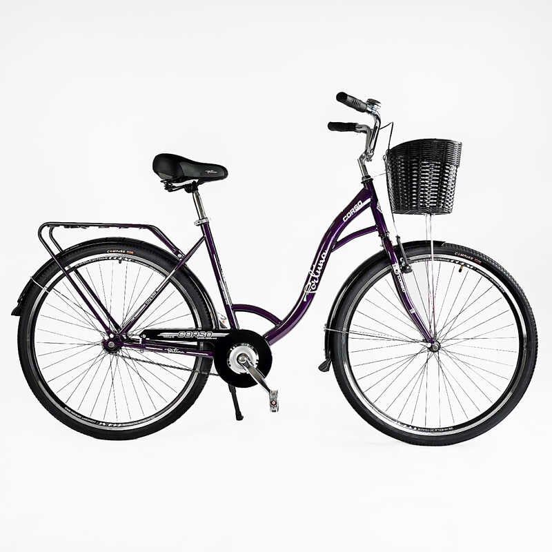 Велосипед міський Corso «FORTUNA» 28`` FR-28077 + КОШИК (1) ТЕМНО-ФІОЛЕТОВИЙ, одношвидкісний, сталева рама 20``, корзина, багажник