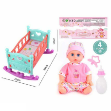Пупс JK 624-15 (36/2) висота пупсика - 30 см, музичний чіп, пустушка, пляшечка, тіло — пластик, голова — гума, знімний одяг, ліжечко - 392127 см,  ефект колисання, в пакеті