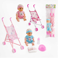 Пупс з візком LZX 17 T-13 (36/2) 2 види, музичний чіп, закриває очі, п’є з пляшечки, ходить на горщик, аксесуари, у пакеті, ВИДАЄТЬСЯ ТІЛЬКИ МІКС ВИДІВ