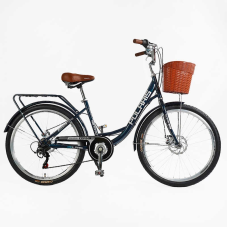 Велосипед міський Corso «Polaris» 26`` PS-12833 + КОШИК (1) СИНІЙ сталева рама 16.5``, Shimano 7 швидкостей, корзина, багажник