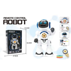 Робот на радіокеруванні J 1052 A (4) звуки, музика, підсвічування, озвучування англ. мовою, стріляє дисками, 9 дисків, на батарейках, історії, вікторина, регулювання гучності, програмування дій, запис голосу, в коробці