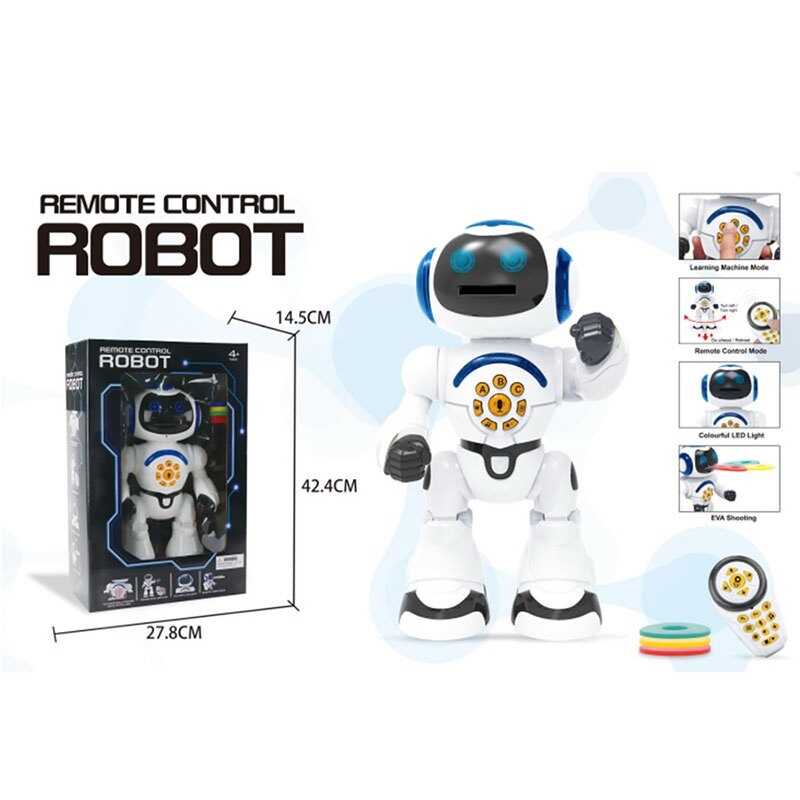 Робот на радіокеруванні J 1052 A (4) звуки, музика, підсвічування, озвучування англ. мовою, стріляє дисками, 9 дисків, на батарейках, історії, вікторина, регулювання гучності, програмування дій, запис голосу, в коробці
