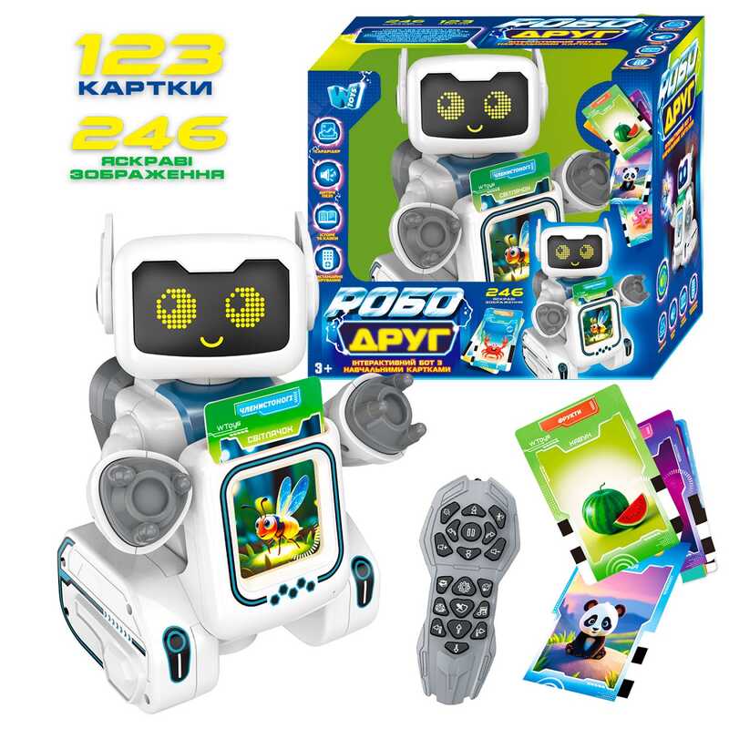 Робот-картридер на радіокеруванні “РобоДруг” 89610 (12) “WToys“, ОЗВУЧУВАННЯ УКР МОВОЮ, 123 картки, 246 зображень, казки, пісні, історії, сенсорна кнопка, у коробці