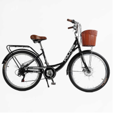 Велосипед міський Corso «Polaris» 26`` PS-80110 + КОШИК (1) ЧОРНИЙ сталева рама 16.5``, Shimano 7 швидкостей, корзина, багажник
