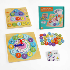 Розвивальна гра C 65689 (60) дерев“яна, двосторонні кружечки з числами, 10 двосторонніх карток із годинниками, цифрами та овочами-фруктами, в коробці