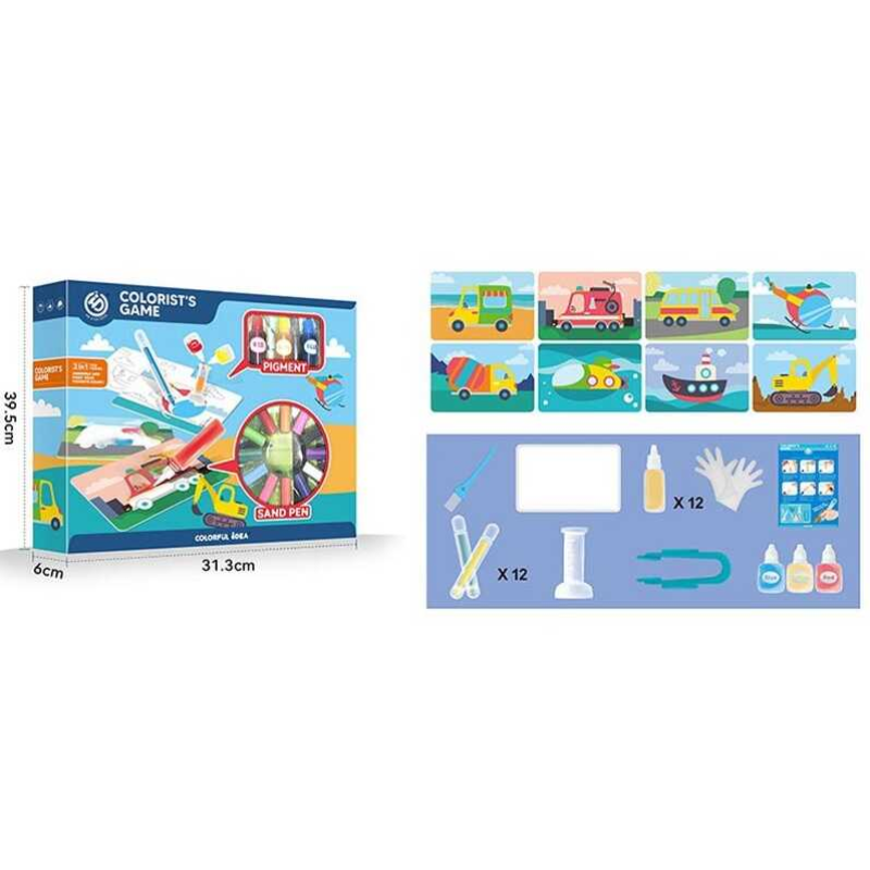 Розмальовка піском HJD 0903-3 (36/2) 12 кольорів піску, 8 двосторонніх розмальовок, фарби, 12 фломастерів, рукавички, в коробці