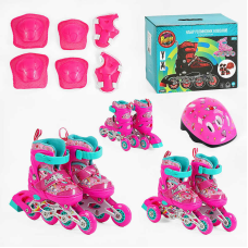Ролики 10210-XS розмір 26-28 (6) колір РОЖЕВИЙ, колеса PVC, d колес – 6 см, переднє зі світлом, переставні колеса, шолом, захист, в коробці