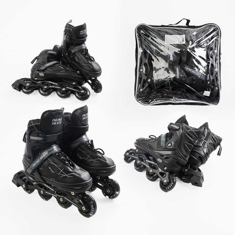 Ролики 74384-М /розмір 34-38/ колір – ЧОРНИЙ (6) колеса PU, устілка 20-24 см, ПЕРЕДНЄ КОЛЕСО СВІТЛО, d – 6.5 см, в сумці