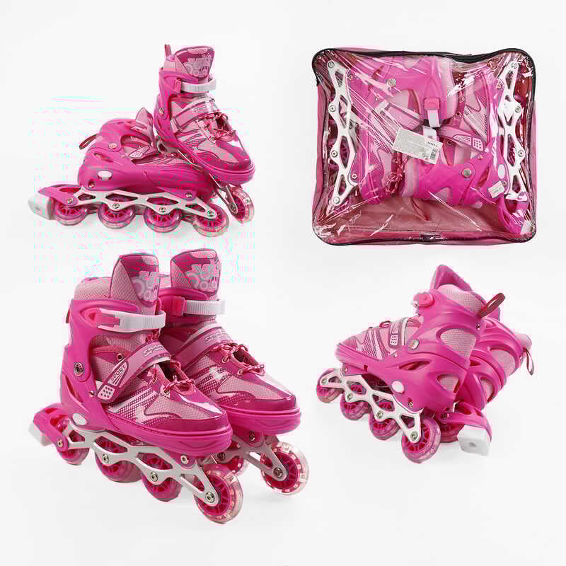 Ролики 92403-L /розмір 39-43/ колір – РОЖЕВИЙ (6) колеса PVC, устілка 25-27 см, ПЕРЕДНЄ КОЛЕСО СВІТЛО, d – 6.5 см, в сумці