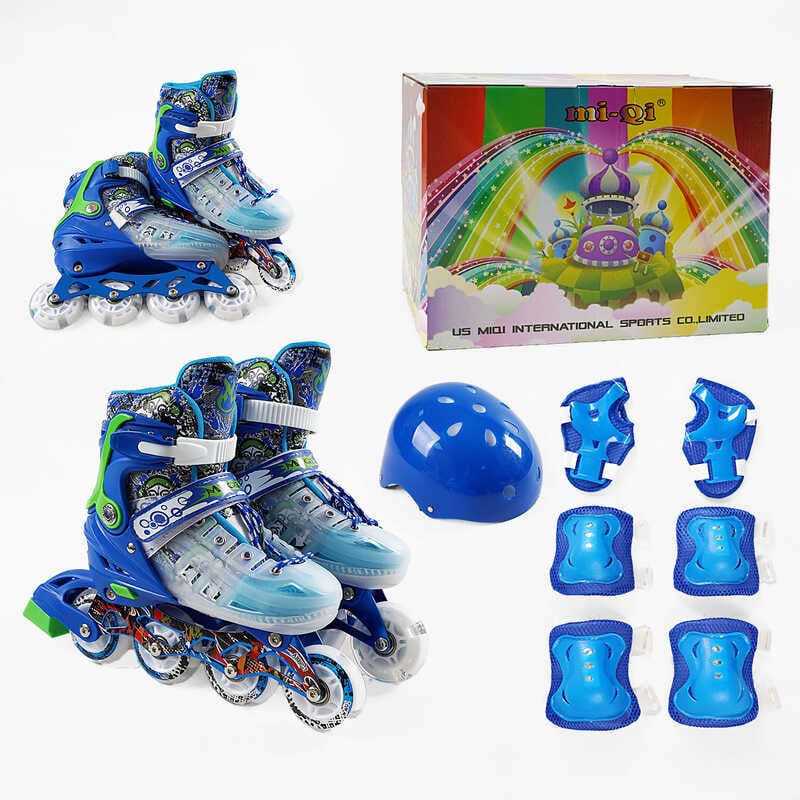 Ролики 9620-11 М розмір 34-38 (6) колір СИНІЙ, колеса PU, d коліс – 6 см, устілка 19 см, підсвічування коліс, шолом, захист, в коробці