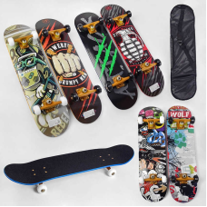 Скейт дерев“яний S 00675 (6) 6 видів, колеса PU, діаметр 5.5 см, підшипники ABEC-7, підвіска – алюміній, амортизатор PU, в сумці