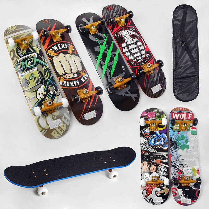 Скейт дерев“яний S 00675 (6) 6 видів, колеса PU, діаметр 5.5 см, підшипники ABEC-7, підвіска – алюміній, амортизатор PU, в сумці