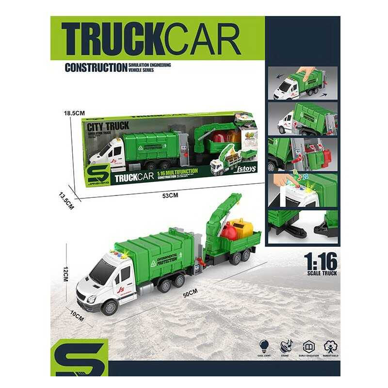 Спецтехніка JS 157 A (18) “Сміттєвоз”, звуки, підсвічування, інерція, гумові шини, причеп, рухливі елементи, в коробці