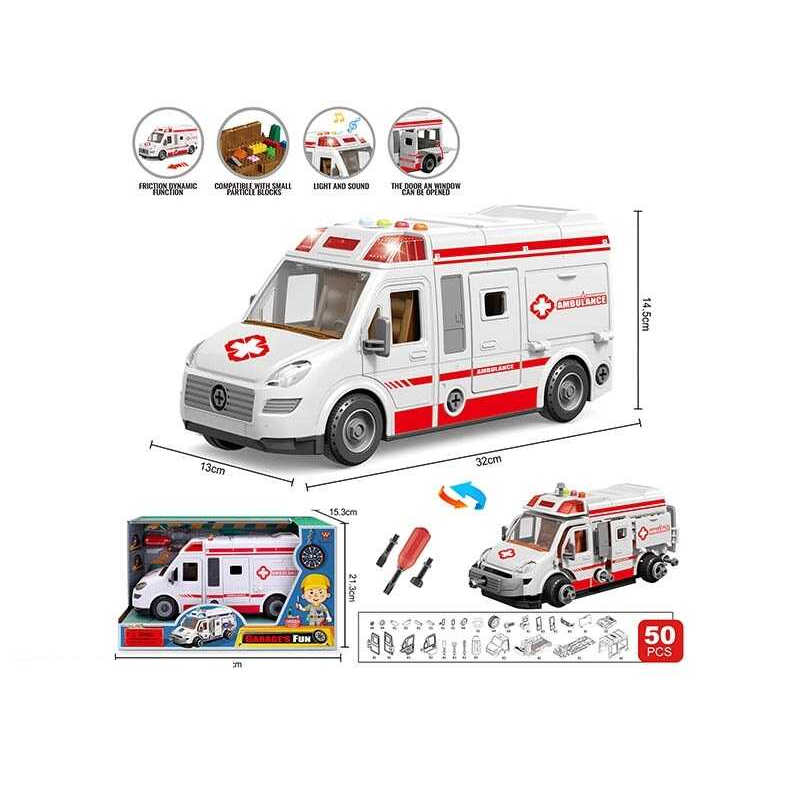 Спецтехніка YW 8088 C (24/2) “Швидка допомога“, звуки, підсвічування, інерція, конструктор, викрутка, в коробці