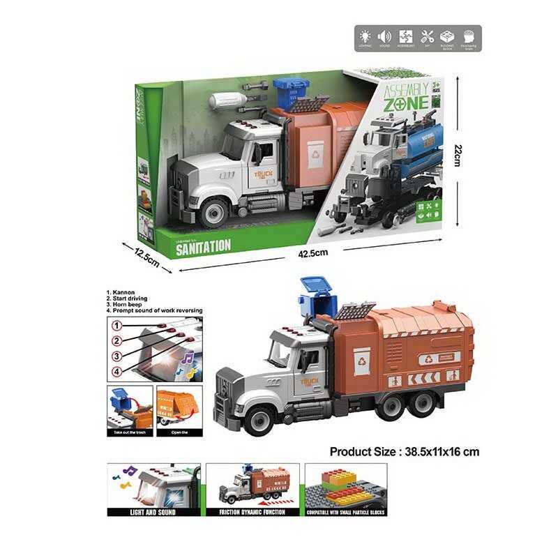 Спецтехніка YW 9083 A (24/2) “Сміттєвоз“, звуки, підсвічування, конструктор, інерція, викрутка, рухомі деталі, в коробці