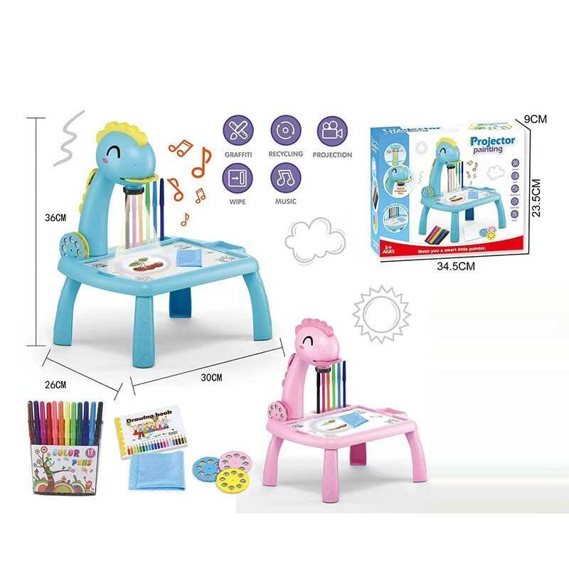 Столик з проєктором RFY 222-5 (48/2) 2 кольори, “Динозавр” 3 диски, фломастери, серветка, на батарейках, музика, підсвітка, в коробці