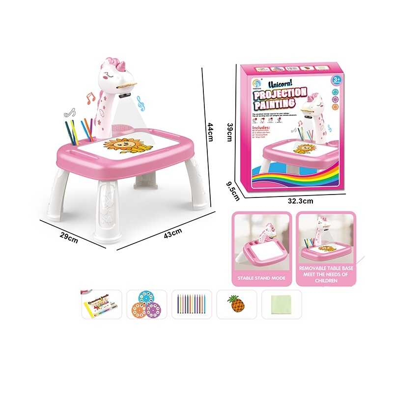 Столик з проєктором YM 2219 (24/2) “Єдиноріг”, підсвічування, мелодія, проєктор, 3 диски з картинками, фломастери 12 штук, альбом для малювання, в коробці