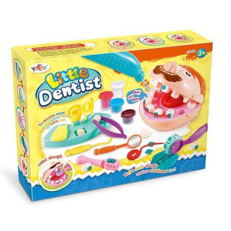 Тісто для ліплення 6818-3 (36/2) “Маленький дантист“, аксесуари, трафарети, бормашинка, 4 кольори тіста, в коробці