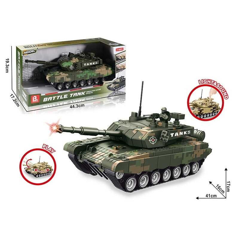 Танк 58024 A (16) довжина 40см, світло, звук, корпус відкривається, башта обертається, рухомий люк та руки солдатика, в коробці