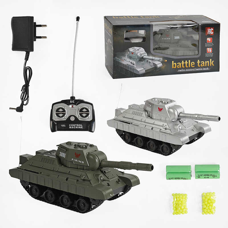 Танк на радіокеруванні 3886 A (24/2) 2 кольори, стріляє пульками, звукові ефекти, пульт 27MHz, гусеничний хід, 4 батарейки АА, блок для заряджання, в коробці