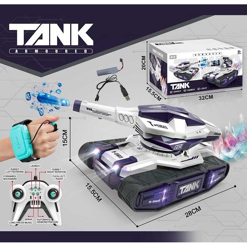 Танк на радіокеруванні 399 D-7 (18) пульт 2.4 GHz, акумулятор 3.7 V, сенсорний браслет, стріляє орбізами, генерує пару, звуки, підсвічування, орбізи, пляшечка, дріт, в коробці