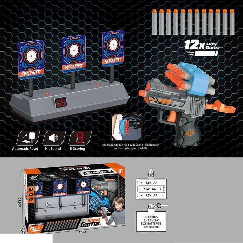 Тир LZ 086 (24) механічний пістолет, 12 м’яких патронів, електронна мішень, підсвічування, звуки, автоматично рахує влучання, в коробці Тир LZ 086 (24) механічний пістолет, 12 м’яких патронів, електронна мішень, підсвічування, звуки, автоматично рахує влучання, в коробці