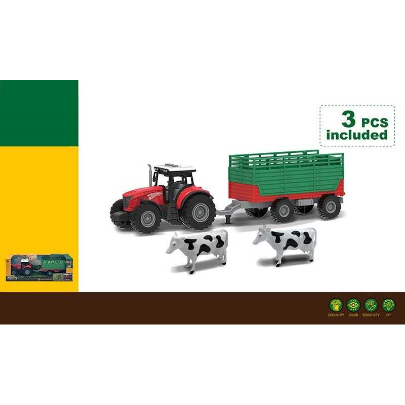 Трактор 550-35 K (36/2) підсвічування, звуки транспорту, інерція, гумові колеса, 2 корови, причіп від’єднується, в коробці