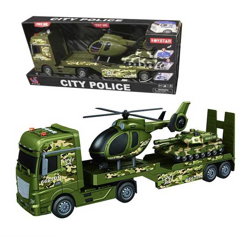 Трейлер 666-70 F (9) “Військова машина”, звуки, підсвічування, інерція, гумові шини, машинка, гвинтокрил, в коробці