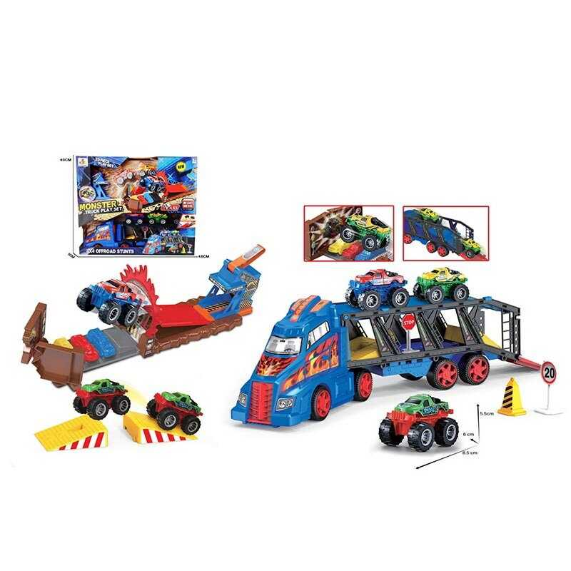 Трейлер DS 074 (12/2) 5 металопластикових машинок, трамплін, дорожні знаки, в коробці