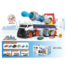 Трейлер E 7007 Штрих = 60274 (12) підсвічування, озвучування англійською, металопластикова машинка, механічний запускач, гараж, м“які кульки, в коробці