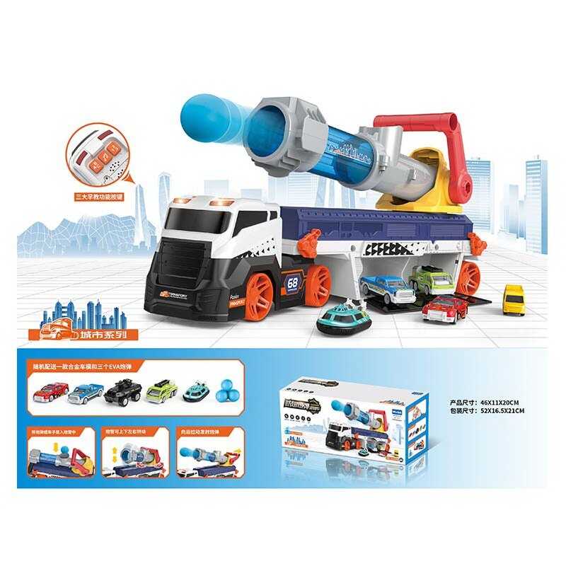 Трейлер E 7007 Штрих = 60274 (12) підсвічування, озвучування англійською, металопластикова машинка, механічний запускач, гараж, м“які кульки, в коробці