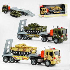 Трейлер WY 571 I / WY 571 J (18) 2 кольори, на батарейках, інерція, підсвічування маячків, звук, рухлива платформа, танк, вежа з тріскачкою, в коробці