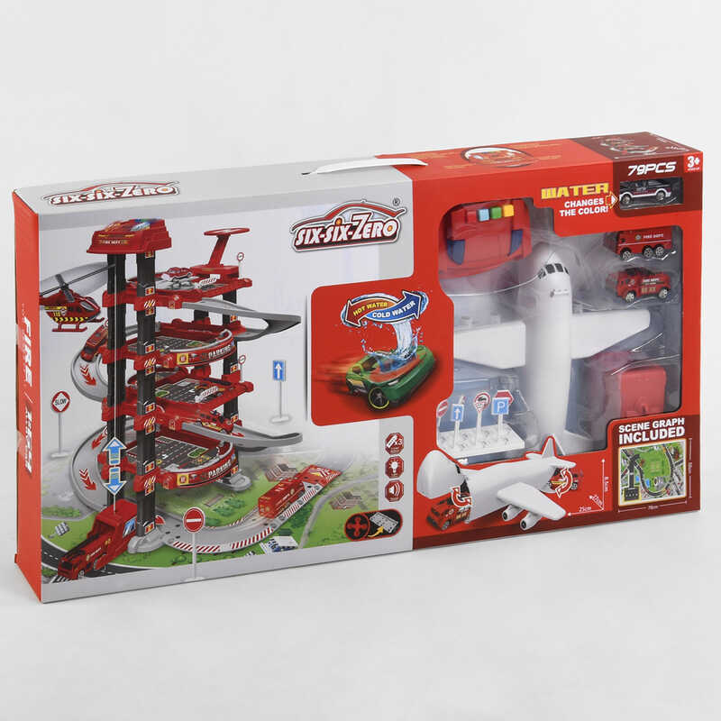 Трек 660 А-301 (10/2) 5 поверхів, 2 машинки, 1 машинка змінює колір, літак, автоматичний підіймач, світло, звук, аксесуари, в коробці