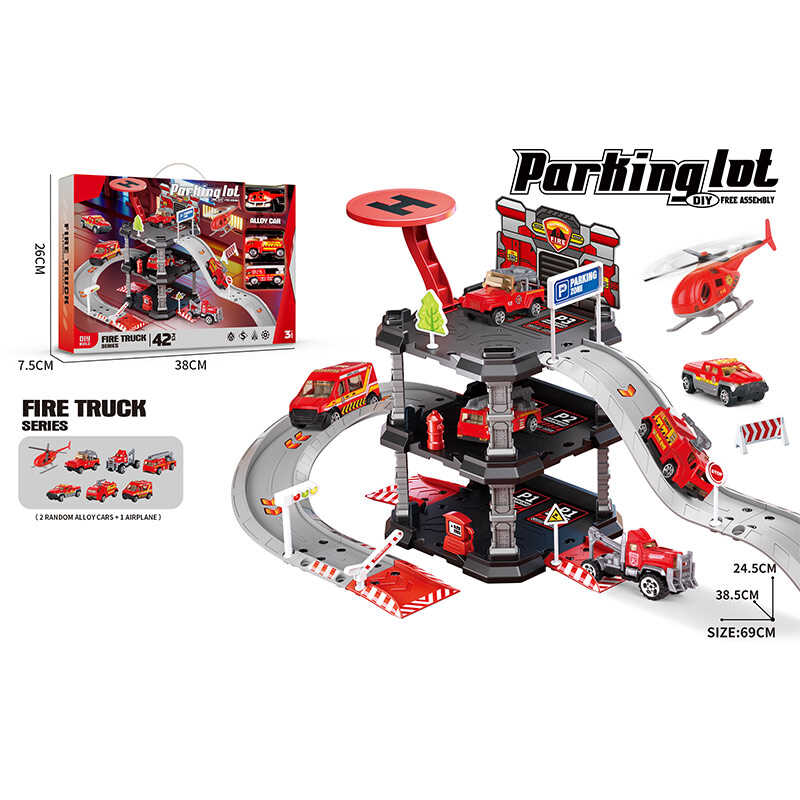 Трек 666-04 (36/2) 2 металопластикові машинки, гелікоптер, 3 рівні, муляжі оточення, наліпки, в коробці